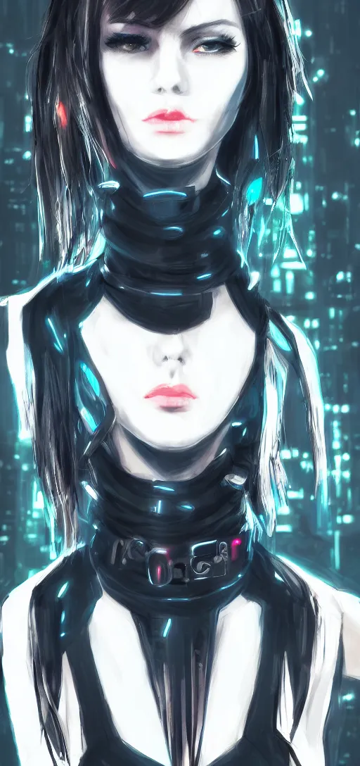 Image similar to headshot artwork of cyberpunk woman wearing thick black choker, collar on neck, realistic, artstation, neon,