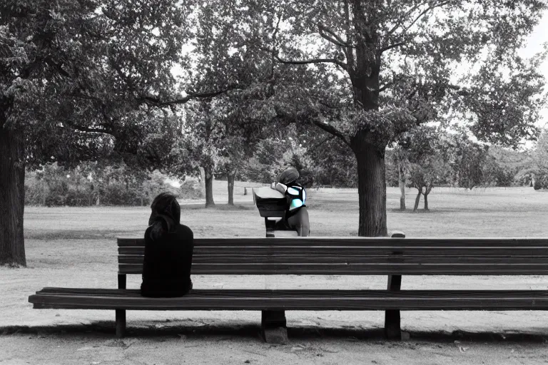 Image similar to Flim still of a woman reading a book, sitting on a bench, long shot, wide shot, full shot