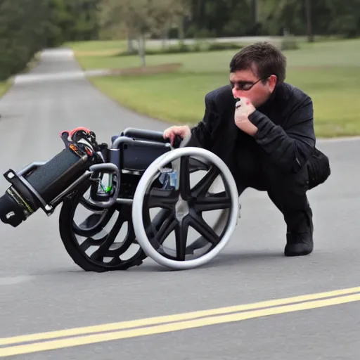 Image similar to nitrous boosted turbo charged wheelchair rocket, high resolution photo