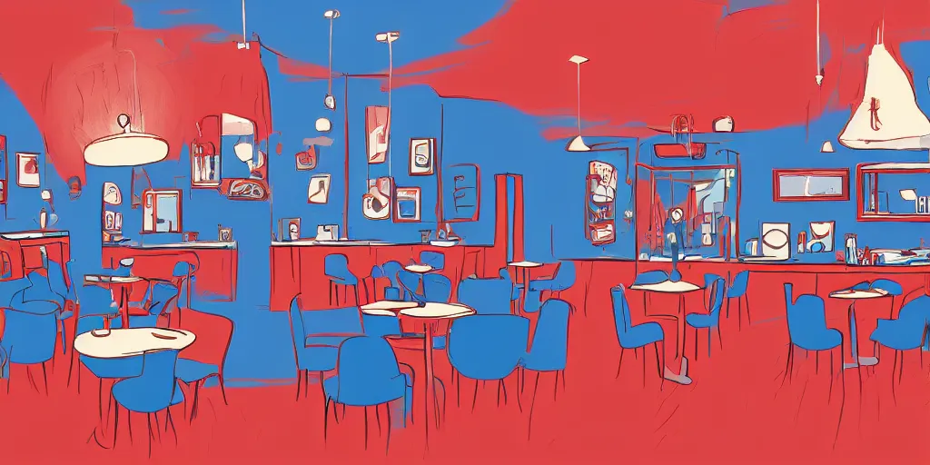 Image similar to cafe interior, blue and red tones, animated film, illustration