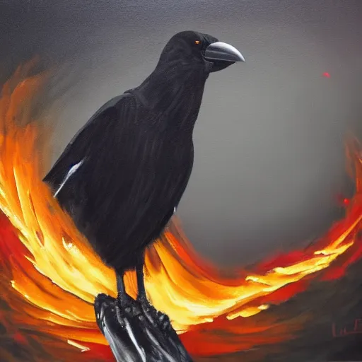 Prompt: a crow completely on fire, in a dark cave, detailed acrylic painting, 4 k