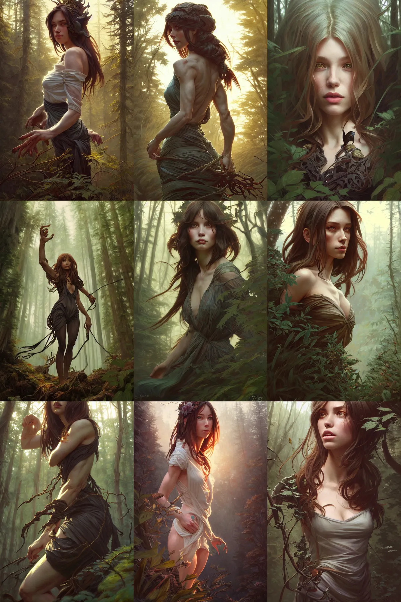 Prompt: clear portrait of zoe gara, cottagecore!!, background hyper detailed, character concept, full body, dynamic pose, dark forest intricate, elegant, highly detailed, digital painting, artstation, concept art, smooth, sharp focus, illustration, art by artgerm and greg rutkowski and alphonse mucha