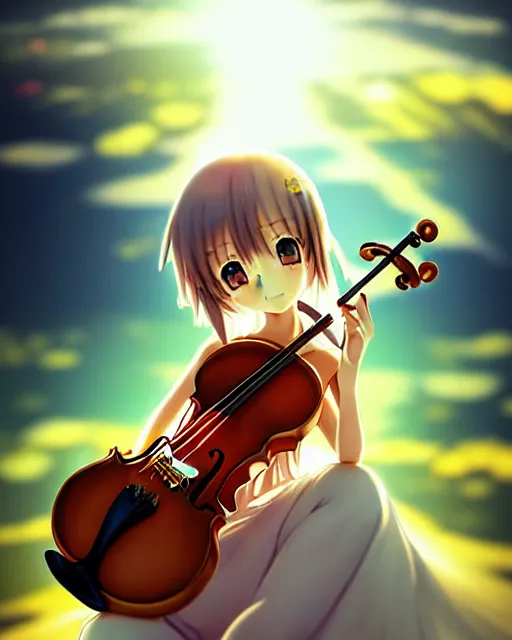 Prompt: anime style, realism, chibi, full body, a cute girl with white skin and golden long wavy hair holding a violin and playing a song, heavenly, stunning, realistic light and shadow effects, happy, centered, landscape shot, happy, simple background, studio ghibly makoto shinkai yuji yamaguchi