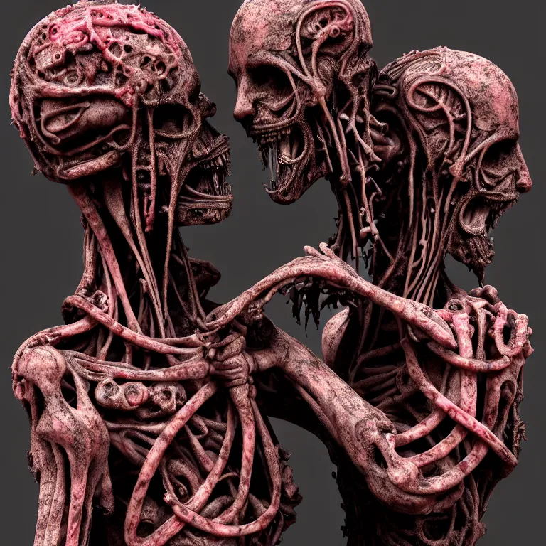 Image similar to dark biomechanical ribbed religious sculpture statue of two cyborgs in love made of rotten flesh meat, suffering, pastel colorful mold, baroque painting, beautiful detailed intricate insanely detailed octane render, organic 8K artistic photography, photorealistic, chiaroscuro, Raphael, Caravaggio, Giger, Beksinski, black background