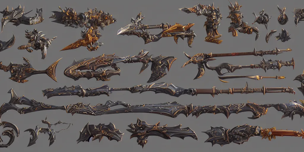 Image similar to fantasy world of warcraft weapons and treasure, hard surface, collection, kitbash, parts, artstation, 8k, Shape and form