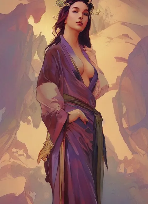 Image similar to gorgeous michi wearing a silk robe, digital painting, artstation, concept art, sharp focus, illustration, art by artgerm and greg rutkowski and alphonse mucha