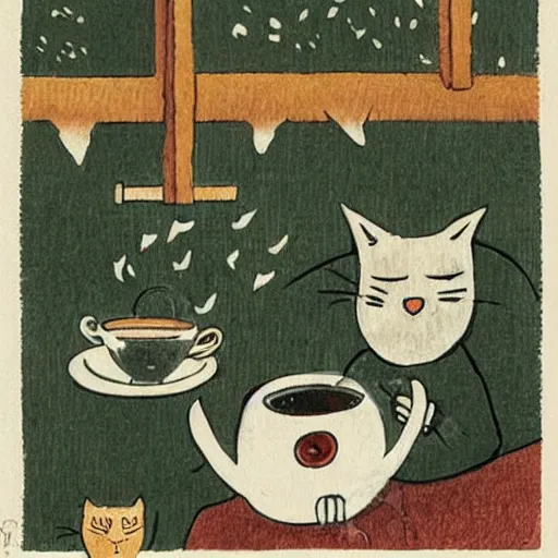 Image similar to cats drinking coffee, amongst raining coffee beans, in the style of Japanese illustration, Maurice Sendak, Tove Jansson