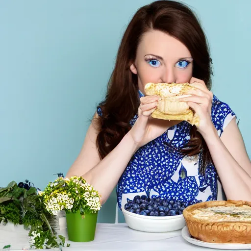 Prompt: A high quality photograph of a young pale brunette woman with bright blue eyes eating blueberries innocently from a plastic container in a table with flower patterned table cloth and white floral wallpapers with green paneling on the bottom. Sunlight is scattered softly. There are mugs and a blueberry pie in the table.