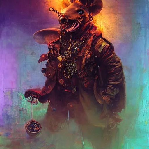 Image similar to steampunk rat, acid, 303, psychedelic, by ruan jia