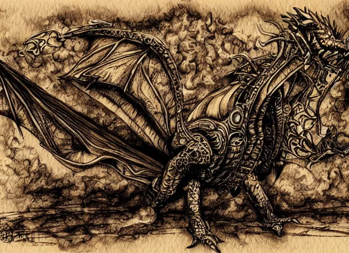 Prompt: pen and ink sketch, steam punk dragon