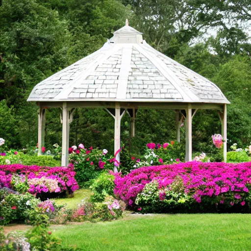 Image similar to a flower garden with a gazebo