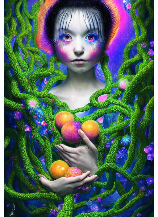 Image similar to hyper detailed 3d render like a Oil painting - kawaii portrait Aurora (ancient black haired Fae acrobat) seen Eating of the Strangling network of yellowcake aerochrome and milky Fruit and Her delicate Hands hold of gossamer polyp blossoms bring iridescent fungal flowers whose spores black the foolish stars by Jacek Yerka, Mariusz Lewandowski, Houdini algorithmic generative render, Abstract brush strokes, Masterpiece, Edward Hopper and James Gilleard, Zdzislaw Beksinski, Mark Ryden, Wolfgang Lettl, hints of Yayoi Kasuma, octane render, 8k