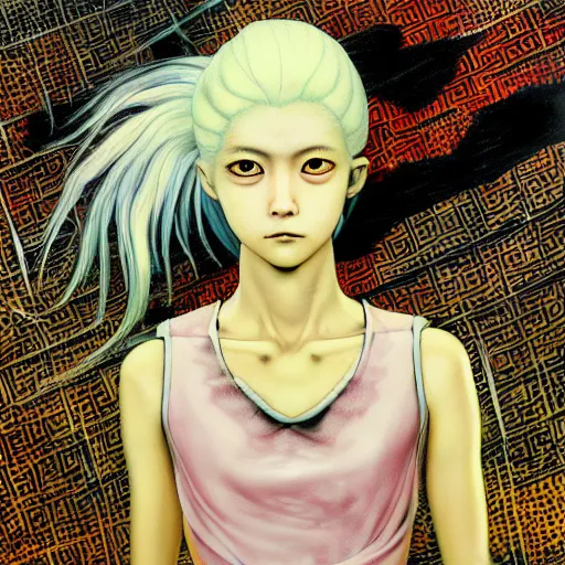 Image similar to yoshitaka amano blurred and dreamy three quarter angle portrait of a young woman with white hair and black eyes wearing dress suit with tie, playstation 2 horror game, junji ito abstract patterns in the background, satoshi kon anime, chungking express color palette, noisy film grain effect, highly detailed, renaissance oil painting, weird portrait angle, blurred lost edges