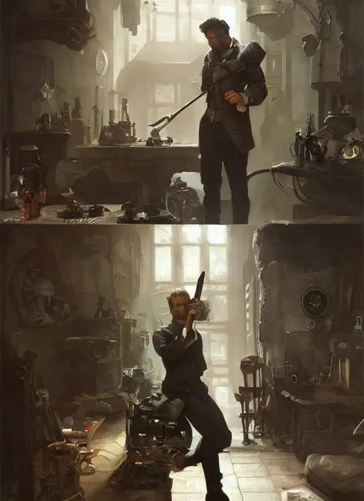 Image similar to portrait of Jordan Peterson cleaning his steampunk style room, digital painting, concept art, smooth, sharp focus, illustration, from Metal Gear, by Ruan Jia and Mandy Jurgens and William-Adolphe Bouguereau, Artgerm