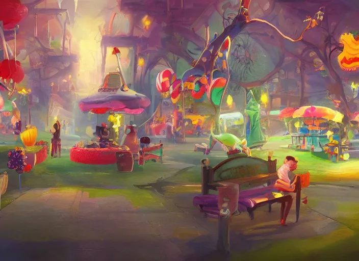 Image similar to concept art for a game candy themed, candy park, oil painting by jama jurabaev, extremely detailed, brush hard, artstation, for aaa game, high quality, brush stroke