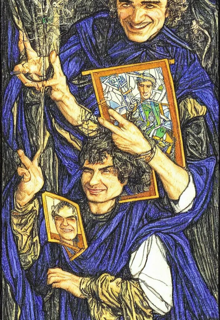 Prompt: Yoshua Bengio smiling drawn on the Tarot card. Illustration by preraphaelists.