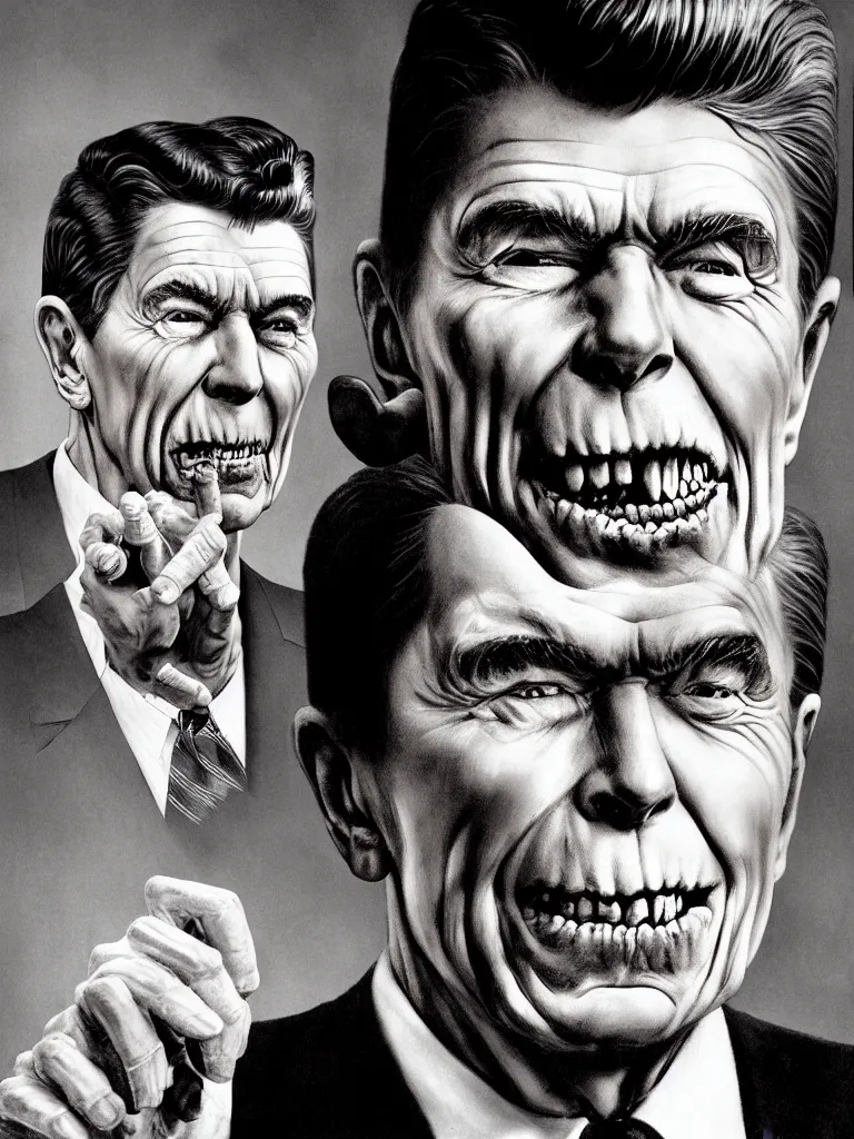 Prompt: zombie president ronald reagan, realistic campaign portrait, hair visible, one head, photo by norman rockwell