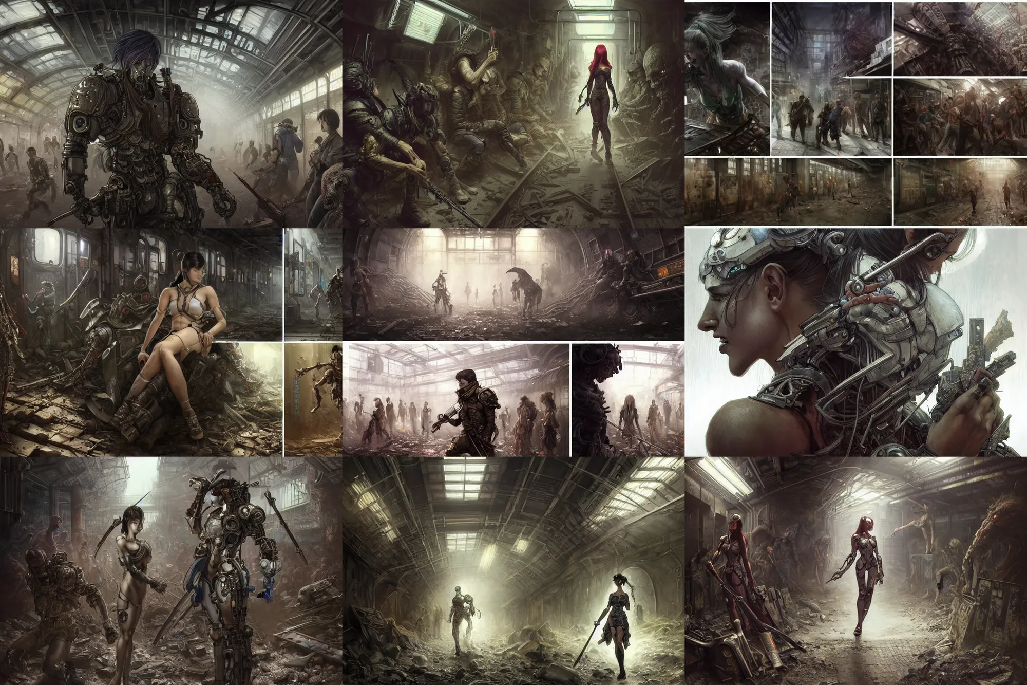 Prompt: Ultra realistic illustration, incredible comic panels showing an incredibly beautiful and alluring cyborg warrior battling zombies in an abandoned Tokyo subway station, D&D, fantasy, intricate, elegant, highly detailed, digital painting, concept art, smooth, sharp focus, illustration, crisp clear faces, art by artgerm and greg rutkowski and alphonse mucha set in post apocalyptic Tokyo, overgrown plants, dapped light, large draped cloth, tissue ornament, dark fantasy, feminine figure, smooth skin, gorgeous, pretty face, beautiful fashion model body, high detail, hyper realistic, digital illustration, trending on artstation