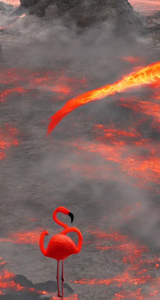 Prompt: a flamingo made out of fire, inferno, magma scarred landscape background, epic sense of scale, unreal engine 5, particle effects,