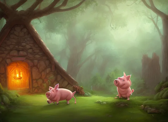 Prompt: a cartoonish pig is near a rustic ramshackle hut in a mystical forest full of wonders, pine trees, magical atmosphere, trending on artstation, 30mm, by Noah Bradley trending on ArtStation, deviantart, high detail, stylized portrait