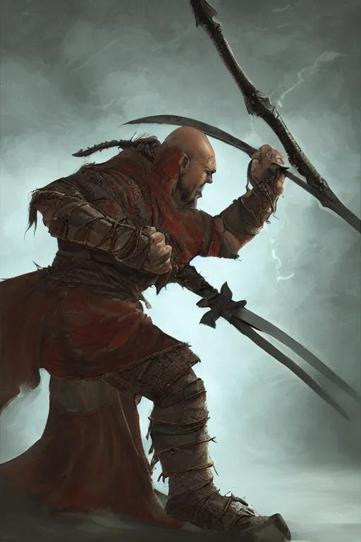 Prompt: a thin and wiry orc kensai monk wielding a broadsword, d&d, fantasy art, ravenloft, 8k, highly detailed digital art, by stephan koidl