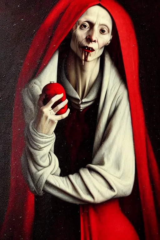 Image similar to hieronymus bosch, greg rutkowski, anna podedworna, painting of a beautiful vampire with red hair in a white woollen turtleneck dress
