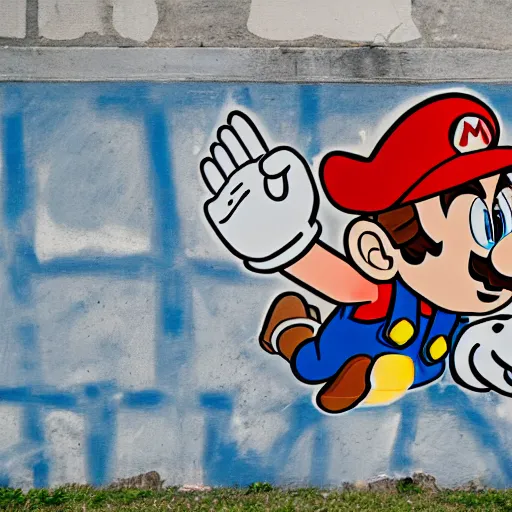 Prompt: Painting of Super Mario Bros first level on the Berlin Wall, 85mm lens photo,