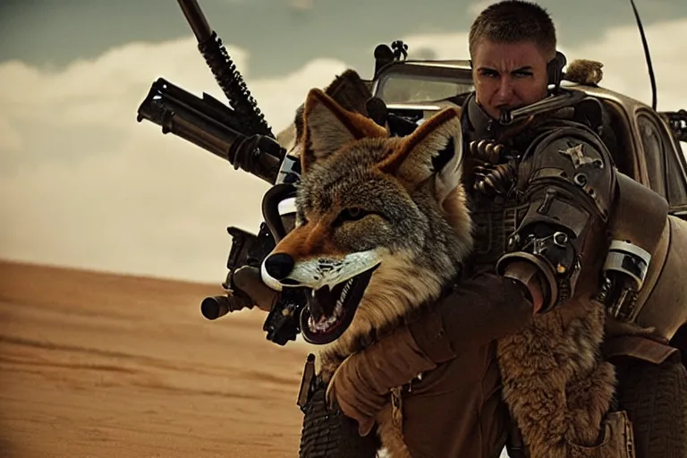 Image similar to a good ol'coyote fursona ( from the furry fandom ), heavily armed and armored facing down armageddon in a dark and gritty version from the makers of mad max : fury road. witness me.