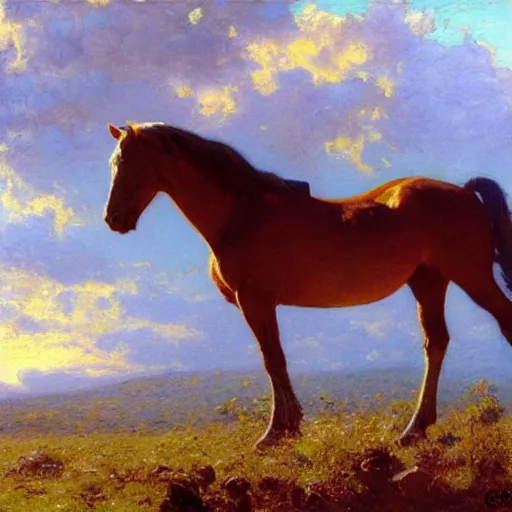 Image similar to detailed wide shot of horse in the field, spring light, painting by gaston bussiere, craig mullins, j. c. leyendecker