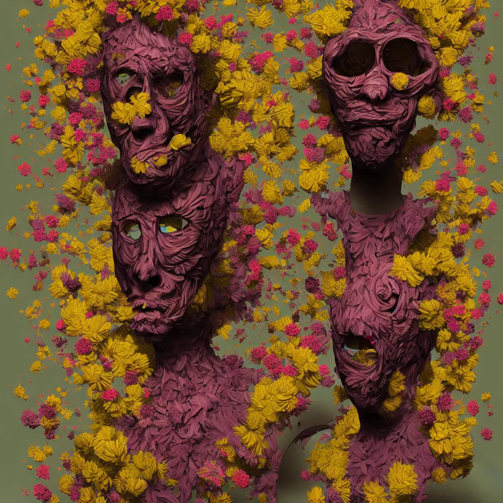 Image similar to a raytraced image of a man with a strange mask on his head, behance contest winner, award winning, masterpiece, pop surrealism, made of flowers, surrealist