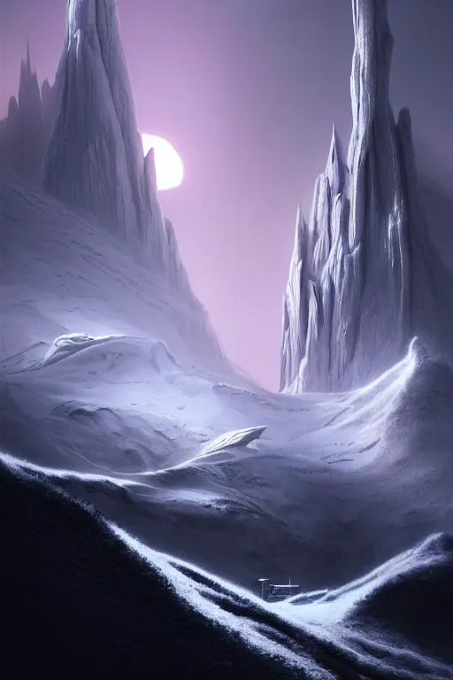 Image similar to futuristic atmosphere in the snowy mountains dolomites 3 d concept art, cinematic lighting, pale pink sunset, rule of thirds, depth of field, intricate details, building by zaha hadid, stormy weather, emissary space by arthur haas and bruce pennington and john schoenherr, cinematic matte painting, dark moody monochrome colors, trending on artstation, featured on behance