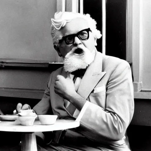 Image similar to An old vintage photograph of Colonel Sanders secretly eating a burger at McDonalds, 4k, highly detailed, photorealistic