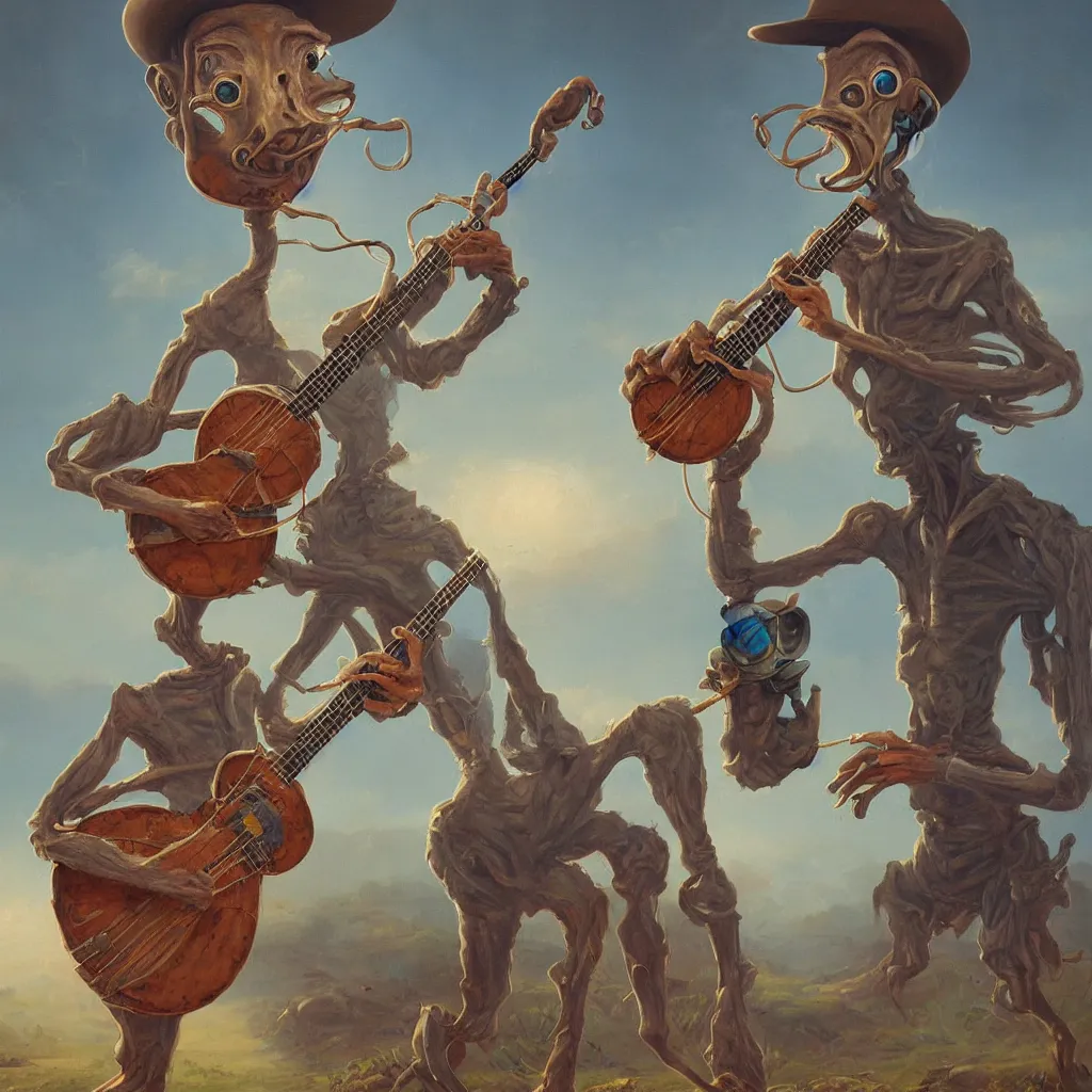 Prompt: painting of a country bumpkin alien playing a banjo, straw in his mouth, style of peter mohrbacher, high detail, hyper realistic, 8 k