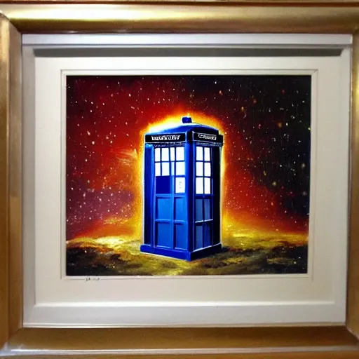 Image similar to oil painting of the tardis from dr who flying through space. beautiful. space. police box