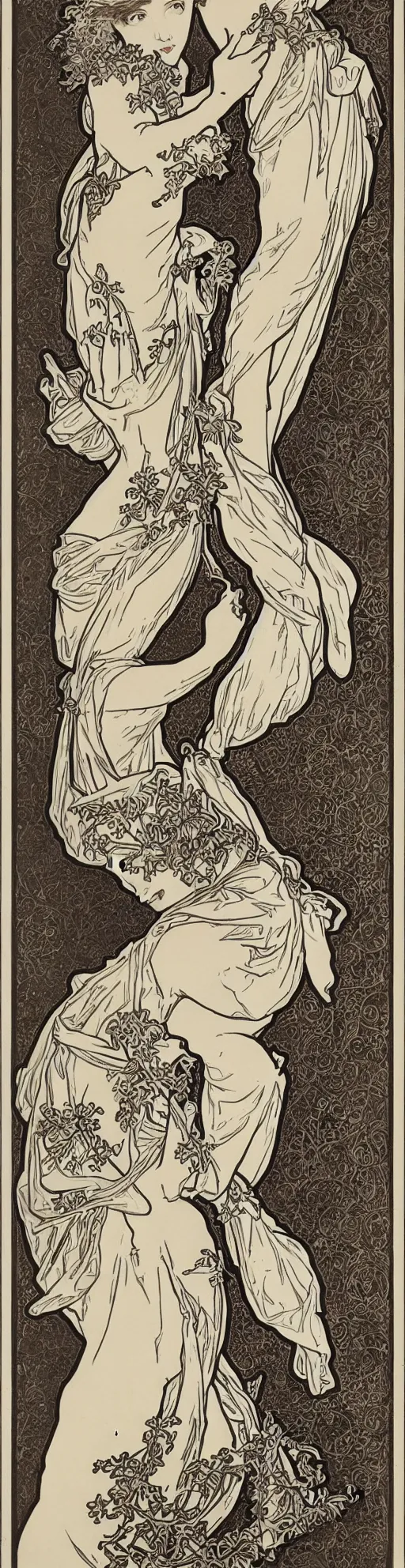 Image similar to engraving by alphonse mucha and gustave klint