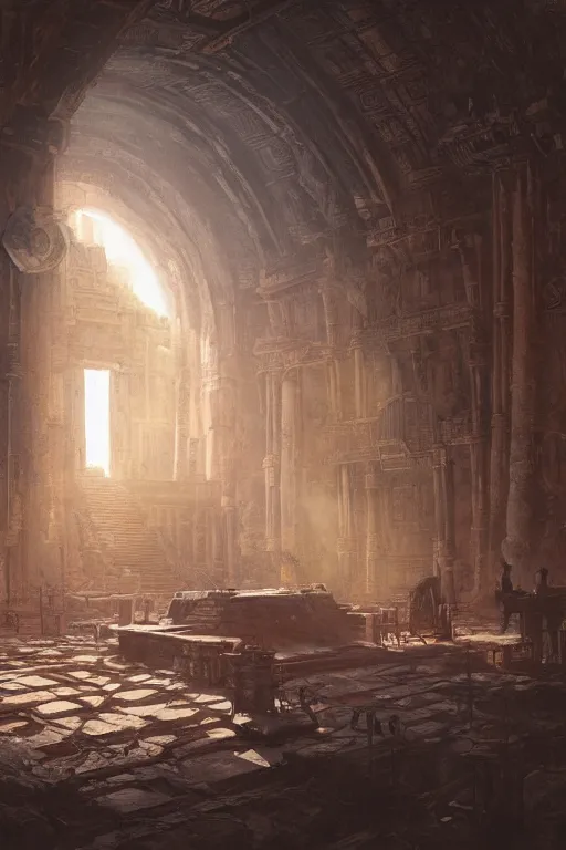 Image similar to Detailed Interior Shot Of The Mayan Alchemist Workshop, lit by the light of gods, abandoned by gods, hyperdetailed artstation cgsociety by greg rutkowski and by Gustave Dor