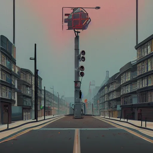 Image similar to empty London streets in the style of Simon Stalenhag