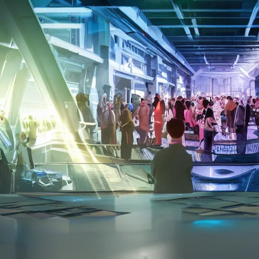 Image similar to large group people in a warehouse, looking at hologram of futuristic city on a table, cinematic concept art, godrays, golden hour, natural sunlight, 4 k, clear details, tabletop model buildings, tabletop model, hologram center, drone perspective