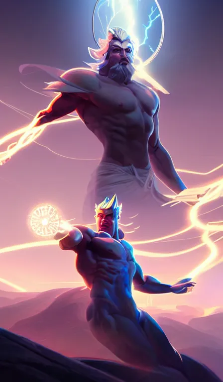 Prompt: the god zeus, lightning, action, epic, sharp focus, digital art, concept art, dynamic lighting, character design by anna dittman, and rossdraws, environment design by jessica rossier