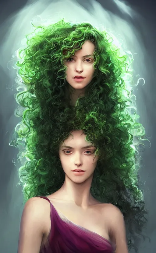 Image similar to a young woman with wild, curly hair and bright green eyes. she's wearing a flowing dress made of light, airy fabric and she has a mischievous look on her face, dynamic lighting, photorealistic fantasy concept art, trending on art station, stunning visuals, creative, cinematic, ultra detailed