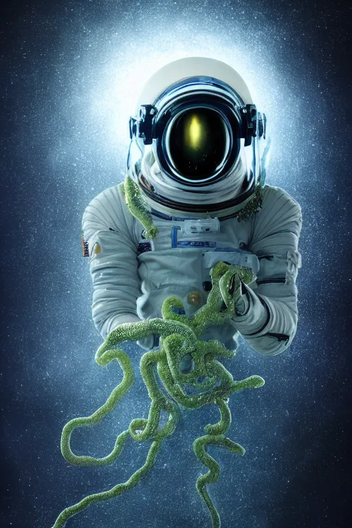 Prompt: extremely detailed studio portrait of space astronaut, alien tentacle protruding from eyes and mouth, slimy tentacle breaking through helmet visor, shattered visor, full body, soft light, disturbing, shocking realization, award winning photo by manny librodo