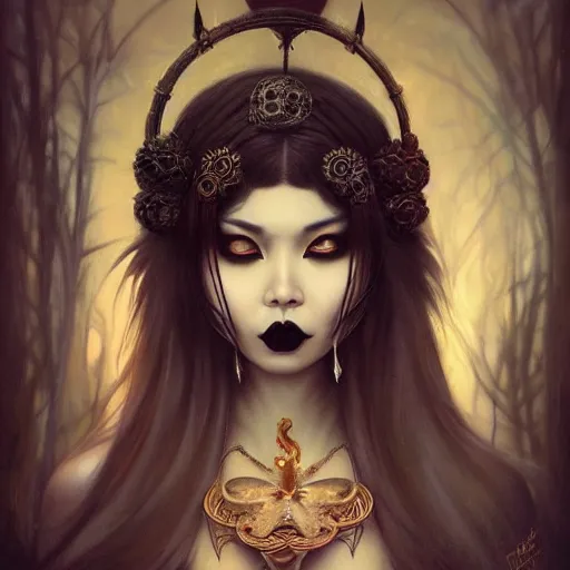 Image similar to ultra realist soft painting of a single attractive asian female with gothic makeup and a long dress, curiosities carnival, symmetry accurate features, very intricate details, focus, curvy, artstyle by Tom Bagshaw, award winning