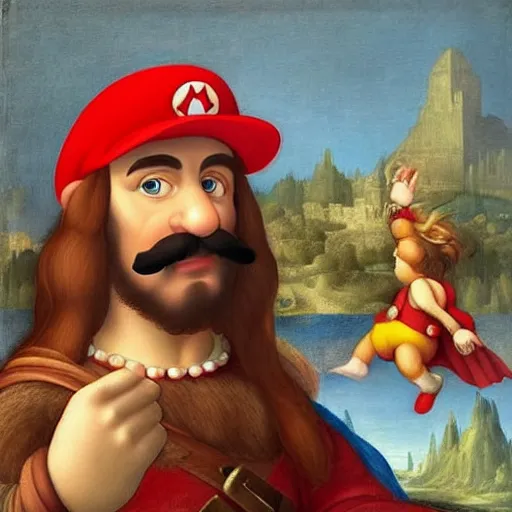 Prompt: a beautiful renaissance painted portrait of super - mario!! as the ( ( ( ( ( ( ( ( ( ( ( ( ( ( mona lisa ) ) ) ) ) ) ) ) ) ) ) ) ) )