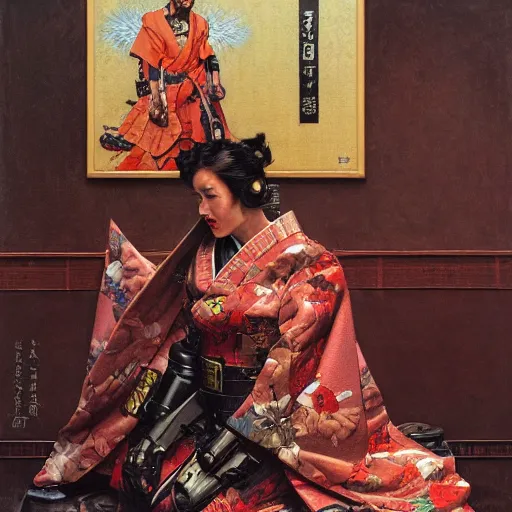 Image similar to the doomslayer wearing a kimono, portrait art by norman rockwell and donato giancola and greg rutkowski,