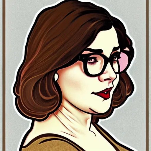 Prompt: portrait of a curvy stocky romanian woman, brown hair, messy bob, brown eyes, romanian, laugh lines, round face, round chin, round nose, white glasses, glasses, white reading glasses, librarian, wide shot, digital art, alphonse mucha, loish, art nouveau, 8 k, trending on artstation