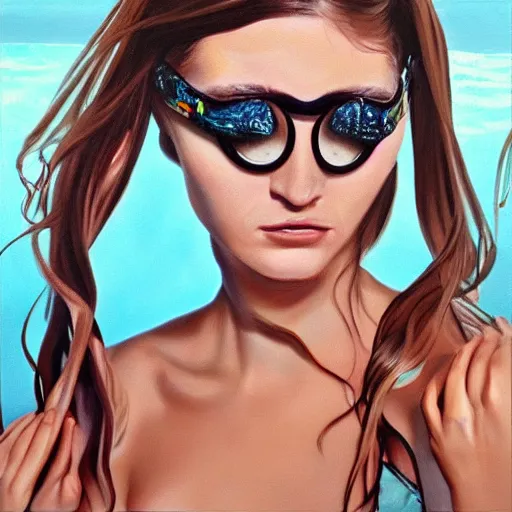 Image similar to hyperrealism oil painting, fashion model portrait underwater, swimming goggles