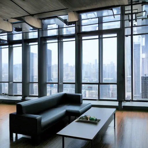Prompt: feng zhu cyberpunk loft lounge with tall windows without people with city in background
