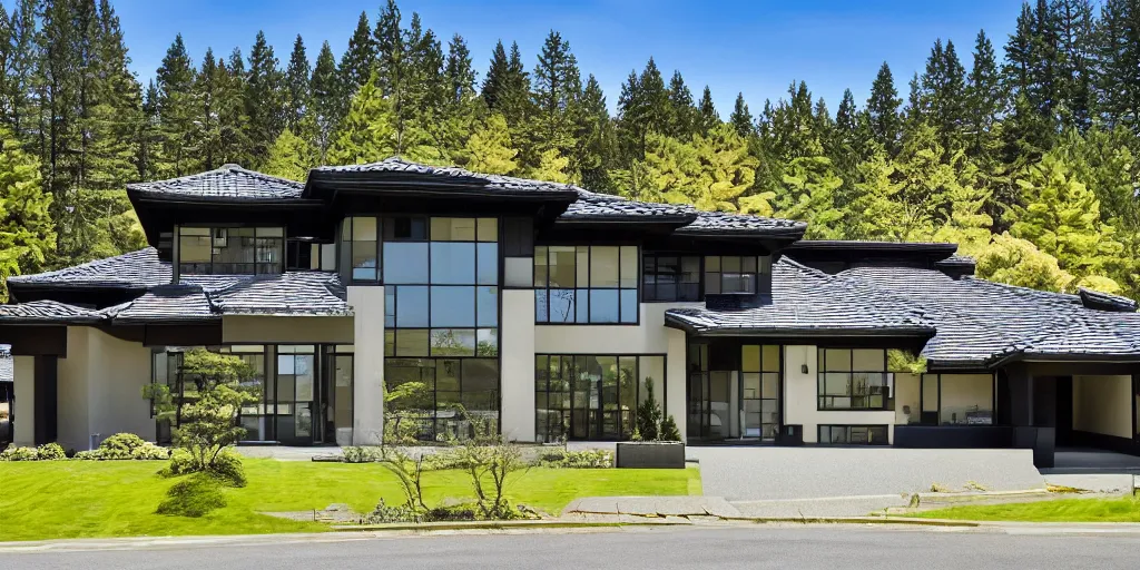 Image similar to large modern residence, pacific northwest japanese style, flared japanese black tile roof, many large windows, elegant