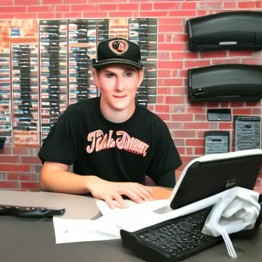 Image similar to 21 year old Jimmy John’s manager with a round head, pale skin and brown curly hair is wearing a black baseball cap and tapping a computer screen on the wall