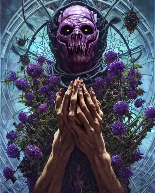 Prompt: the platonic ideal of flowers, rotting, insects and praying of cletus kasady ultimate carnage thanos dementor doctor manhattan chtulu nazgul bioshock davinci, d & d, fantasy, detailed, intricate, hyperrealism, intense, scary, decay, dmt, art by artgerm and greg rutkowski and alphonse mucha